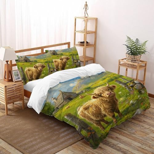 CoVeTviCT Highland KuhEinzelbettbezug Bettwäsche Set 3D Jungen Mädchen Kinder 3 Stück Premium Mikrofaser Mit Kissenbezug Mit ReißverschlussDouble（200x200cm） von CoVeTviCT