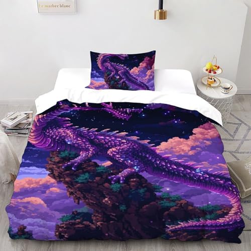 CoVeTviCT Lila DracheBettbezug-Bettwäsche-Set 3D Jungen Mädchen Kinder 2 Stück Premium Mikrofaser Mit Kissenbezügen Mit ReißverschlussSingle（135x200cm） von CoVeTviCT