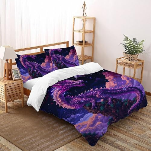 CoVeTviCT Lila DracheEinzelbettbezug Bettwäsche Set 3D Jungen Mädchen Kinder 3 Stück Mikrofaser Mit Kissenbezug Mit ReißverschlussDouble（200x200cm） von CoVeTviCT