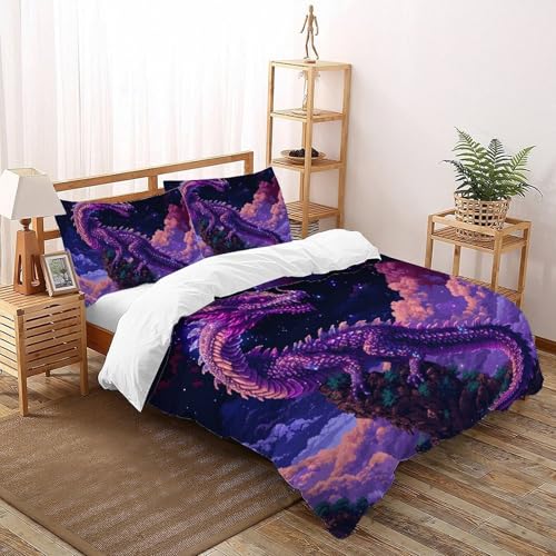 CoVeTviCT Lila DracheEinzelbettbezug Bettwäsche Set 3D Jungen Mädchen Kinder 3 Stück Premium Mikrofaser Mit Kissenbezügen Mit ReißverschlussKing（220x240cm） von CoVeTviCT