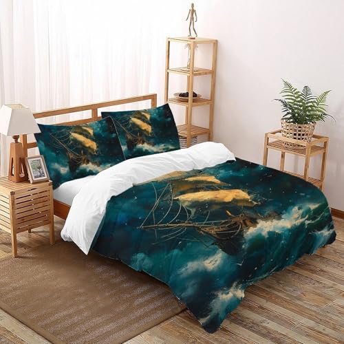 CoVeTviCT Ocean SailboatBettbezug-Bettwäsche-Set 3D Jungen Mädchen Kinder 3 Stück Premium Mikrofaser Mit Kissenbezügen Mit ReißverschlussKing（220x240cm） von CoVeTviCT