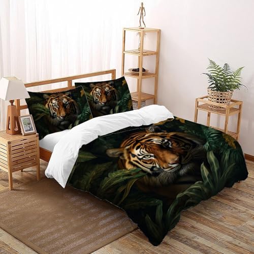 CoVeTviCT Rainforest TigerEinzelbettbezug Bettwäsche Set 3D Jungen Mädchen Kinder 3 Stück Premium Mikrofaser Mit Kissenbezug Mit ReißverschlussDouble（200x200cm） von CoVeTviCT