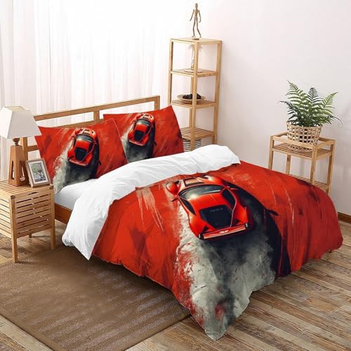 CoVeTviCT Red Sports CarEinzelbettbezug-Set 3D Jungen Mädchen Kinder 3 Stück Premium Mikrofaser Mit Kissenbezug Mit ReißverschlussSuper King（260x220cm） von CoVeTviCT