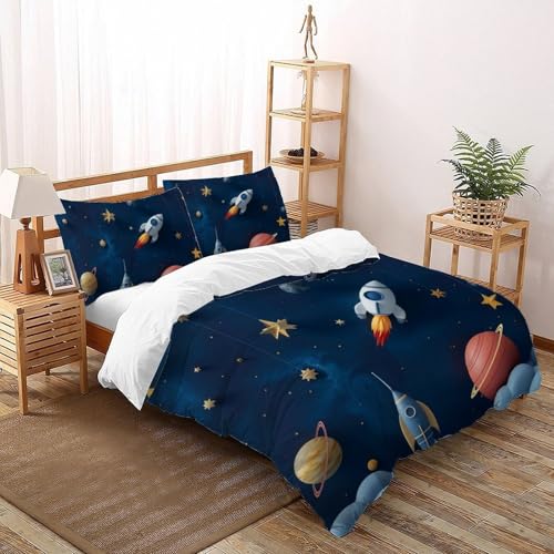 CoVeTviCT Rocket PlanetEinzelbettbezug Bettwäsche Set 3D Jungen Mädchen Kinder 3 Stück Mikrofaser Mit Kissenbezügen Mit ReißverschlussKing（220x240cm） von CoVeTviCT