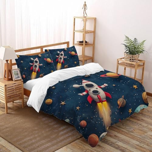 CoVeTviCT Rocket PlanetEinzelbettbezug Bettwäsche Set 3D Jungen Mädchen Kinder 3 Stück Mikrofaser Mit Kissenbezug Mit ReißverschlussSuper King（260x220cm） von CoVeTviCT
