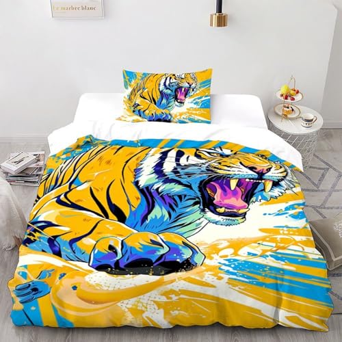 CoVeTviCT TigerBettbezug-Bettwäsche-Set 3D Jungen Mädchen Kinder 2 Stück Premium Mikrofaser Mit Kissenbezügen Mit ReißverschlussSingle（135x200cm） von CoVeTviCT