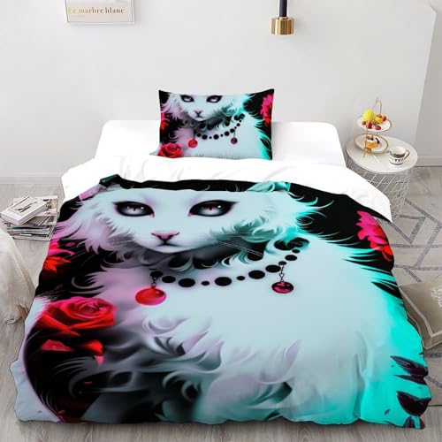 CoVeTviCT Weiße KatzeBettbezug-Bettwäsche-Set 3D Jungen Mädchen Kinder 2 Stück Mikrofaser Mit Kissenbezügen Mit ReißverschlussSingle（135x200cm） von CoVeTviCT