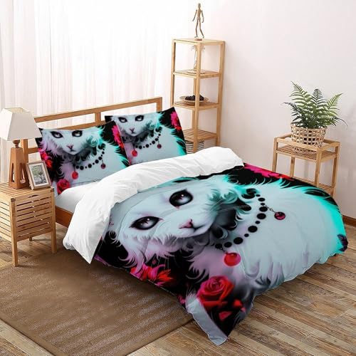CoVeTviCT Weiße KatzeBettbezug-Bettwäsche-Set 3D Jungen Mädchen Kinder 3 Stück Premium Mikrofaser Mit Kissenbezügen Mit ReißverschlussDouble（200x200cm） von CoVeTviCT