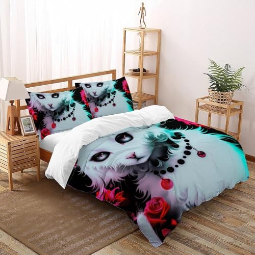 CoVeTviCT Weiße KatzeEinzelbettbezug Bettwäsche Set 3D Jungen Mädchen Kinder 3 Stück Premium Mikrofaser Mit Kissenbezug Mit ReißverschlussSuper King（260x220cm） von CoVeTviCT