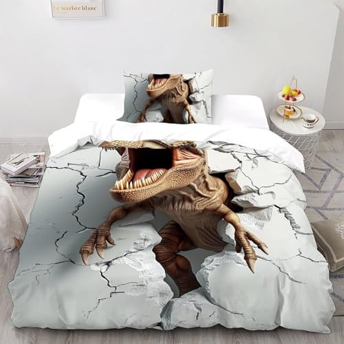 DinosaurierEinzelbettbezug-Set 3D Jungen Mädchen Kinder 2 Stück Premium Mikrofaser Mit Kissenbezug Mit ReißverschlussSingle（135x200cm） von CoVeTviCT