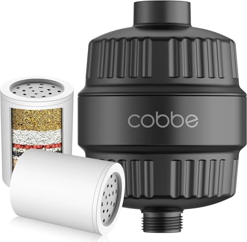 Cobbe 34-Stufen-Duschfilter mit Vitamin C für Hartes Wasser, Kalkfilter Dusche mit 2 Filterpatrone zur Entfernung von Chlor und Schwermetallen, Shower Filter Schwarz von Cobbe