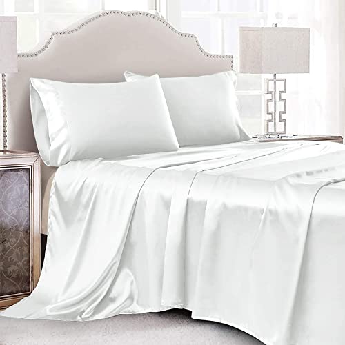 Cobedzy 3-teiliges weißes Satin-Bettwäsche-Set für Doppelbett, luxuriöses seidiges Satin-Bettwäsche-Set mit 1 tiefen Spannbettlaken, 1 weichem Bettlaken, 1 Kissenbezug Cobedzy 3-teiliges weißes Satin-Bettwäsche-Set für Doppelbett, luxuriöses seidiges Satin-Bettwäsche-Set mit 1 tiefen Spannbettlaken, 1 weichem Bettlaken, 1 Kissenbezug von Cobedzy