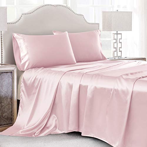 Cobedzy 4-teiliges Luxus-Satin-Bettlaken, King-Size-Bettlaken, weiches, seidiges Bettlaken-Set, Blush Satin Bettlaken-Set mit 1 tiefen Taschen, 1 Bettlaken, 2 Satin-Kissenbezüge von Cobedzy