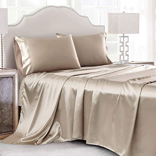 Cobedzy 4-teiliges Luxus-Satin-Bettlaken, King-Size-Bettlaken, weiches, seidiges Bettlaken-Set, Taupe Satin-Bettlaken-Set mit 1 tiefen Taschen, 1 Bettlaken, 2 Satin-Kissenbezüge von Cobedzy