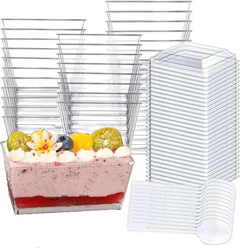 Cobenga 100 Stück Dessertbecher Mit Deckel + 100 Einzellöffel, 140 ml Rechteckiges Set, Mini-Schüsseln, Wiederverwendbare Servierschüssel Aus Durchsichtigem Material von Cobenga
