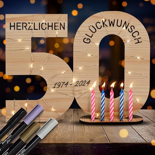 CozyHome Holz Gästebuch 50 Jahre - Inkl. 6 Kerzen & 4 Stifte I Geburtstag Mann Männer Frau Frauen Firmenjubiläum Jubiläum I Schild 50. 50er 50 Geburtstag Deko Geschenke für Männer von Cobus