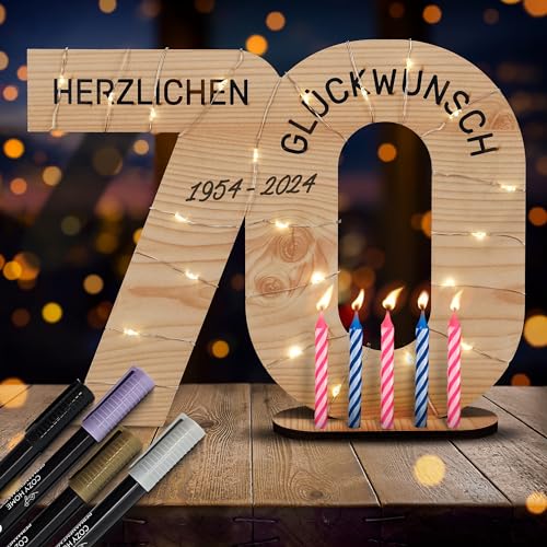 CozyHome Holz Gästebuch 70 Jahre - Inkl. 6 Kerzen & 4 Stifte I Geburtstag Mann Männer Frau Frauen Firmenjubiläum Jubiläum I Schild 70. 70er 70 Geburtstag Deko Geschenke für Männer von Cobus