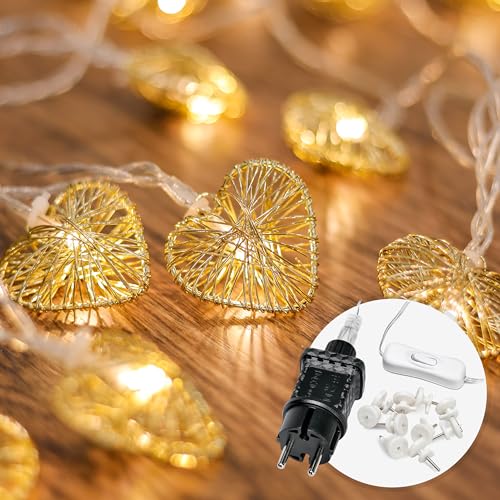 CozyHome Herz Lichterkette Gold Strom – 5m & 20 LED Warmweiß Stecker I innen I Verlobung Hochzeitsdeko Tisch Deko I Lichtetterkette Lichterketten I Fairy Lights von Cobus