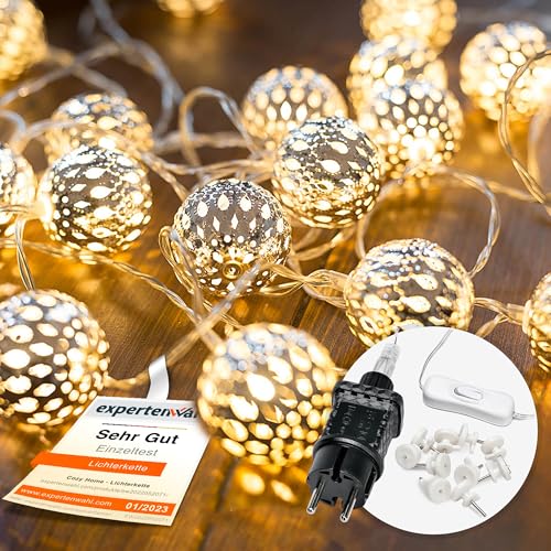 CozyHome Marokkanische Lichterkette Batterie & Stecker - 20 LED in Warmweiß I LED Lichterkette mit Batterie Timer I Lichterkette Innen I Lichterketten Deko Kugeln Bälle (Stecker - 20 LEDs - 7 Meter) von Cobus