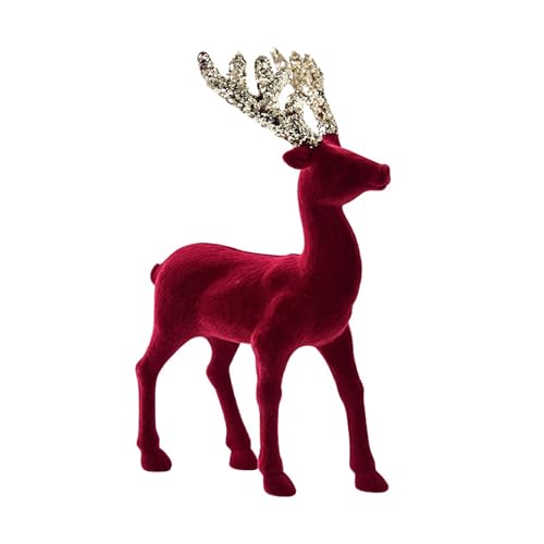 CocMouse Kleine Rentier-Weihnachtsdekoration, Glitzer-Geweih, Samt, sitzende Hirschstatue, Rentierfiguren, Hirsch-Dekoration für Zuhause, Zimmer, Schränke (A Rot, 22 x 13 cm) von CocMouse