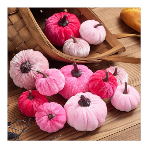 CocMouse Kleine rustikale Kürbisse aus Kunstsamt, dekorative Kürbisse aus Schaumstoff für Herbst, Erntedankfest, Halloween-Dekoration (Rosa, Rot, Einheitsgröße), 12 Stück von CocMouse