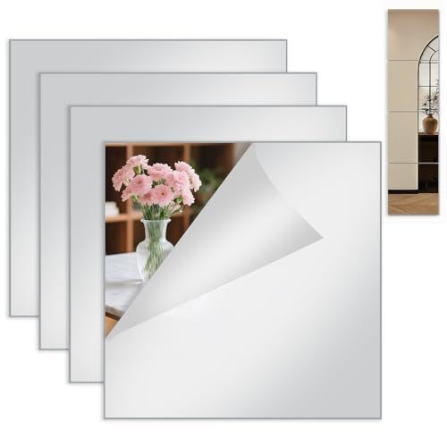 Coco Berming 4 Stück Selbstklebende Fliesenspiegel Spiegel zum Aufkleben, 20x20cm Klebespiegel für die Wand, 1.5mm Dicke Spiegelfliese für Badezimmer Wohnzimmer Schlafzimmer Schrank Schule Zuhause (4) von Coco Berming