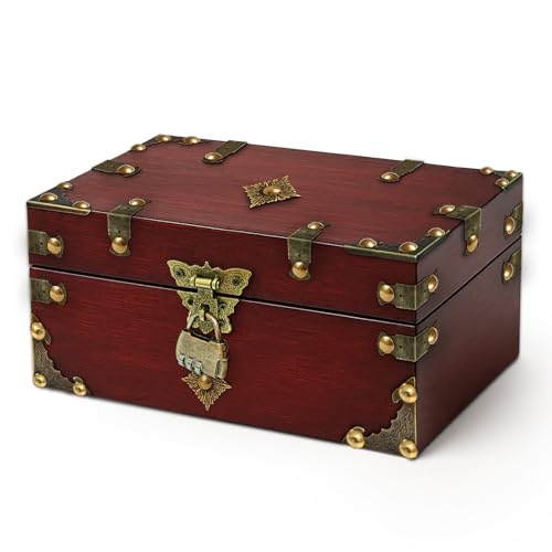 Coco Berming Vintage Schatztruhe Holz mit Zahlenschloss, Schmuckkästchen Aufbewahrungsbox, Schatzkiste für Dekoration, Aufbewahrung, Hochzeit und Escape Room (Rötlichbraun) von Coco Berming