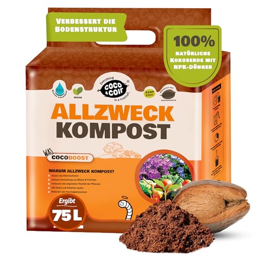Coco & Kokosfaser Allzweck-Kompost torffreie Kokoserde für Pflanzen im Innenbereich Blumenerde gedüngt mit NPK - Coco Boost (75L) von Coco&Coir Everything in a nutshell