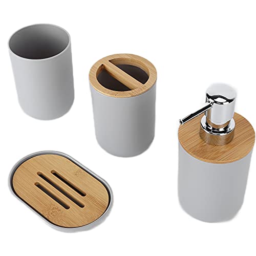 4-teiliges Bambus-Badezimmer Accessoires Set, Komplette Bad-Zubehör-Sets Inklusive Zahnbürstenhalter, Seifenschale, Lotionspender und Mundspülbecher, Tolles -Zubehör-Set (GRAU) von Cocoarm