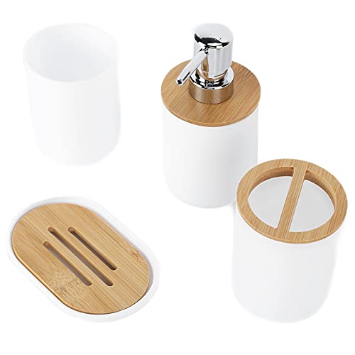 4-teiliges Bambus-Badezimmer Accessoires Set, Komplette Bad-Zubehör-Sets Inklusive Zahnbürstenhalter, Seifenschale, Lotionspender und Mundspülbecher, Tolles -Zubehör-Set von Cocoarm