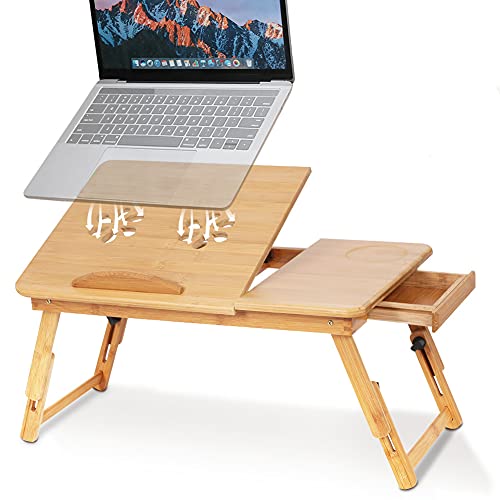 Bambus Laptoptisch für Couch Bett Tabletttisch Notebooktisch klappbarer, Höhenverstellbarer Laptoptisch mit Schublade und Lüftungslöchern, Schoßschreibtisch (A) von Cocoarm