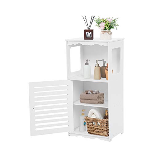 Cocoarm Badkommode Badezimmerschrank Badregal Weiß Holz Kunststoffplatte Eckschrank Badkommode mit 1 offenem Fach und Türen Badschrank Schmal für Badezimmer Schlafzimmer, 39.5 x 28 x 80 cm von Cocoarm