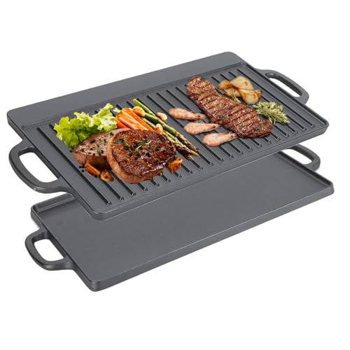 Cocoarm Gusseisen Grillplatte mit Griffen Grillpfanne für Gasgrill Kohlegrill und Elektrogrill Beidseitig nutzbare Grillplatte mit Gerippter und glatter Oberfläche Induktionsgeeignet 50,5x23,5x1,4 cm von Cocoarm