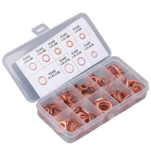 Cocoarm Ölabflussstecker Waschmaschine Kit, 200pcs Wärme Behandeltes Roter Kupferdichtung Set M5 14 9 Typen für Ölsumpschraube Stecker Wasserheizung Ölhydraulikanschluss von Cocoarm