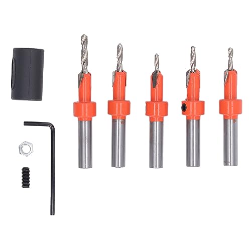 Cocoarm Senkfräser-Set, 5-teilig, Kohlenstoffstahl, Begrenzte Senkfräser-Bohrer-Set, Holz-Senkfräser-Bohrer, Rundschaft-Bohrer-Set mit Inbusschlüssel und Anschlag von Cocoarm