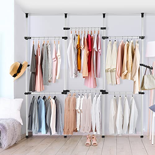 Cocoarm Teleskop-Garderobensystem Kleiderständer Garderobenständer mit 6 Kleiderstangen Verstellbares Regalsystem Ordnungssystem B(230-330) x H (246-300) cm von Cocoarm