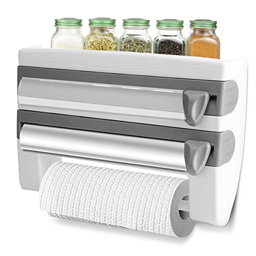 Cocoarm Wandrollenhalter Frischhaltefolie Küchenrollenhalter Lagerregal Multifunktionale Storage Rack Küche Badezimmer Frischhaltefolie Papierhalter Folienschneider mit Abstellfläche (Grau) von Cocoarm