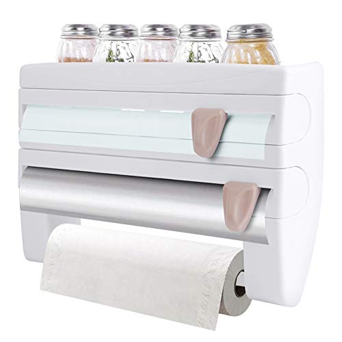 Cocoarm Wandrollenhalter Frischhaltefolie Lagerregal Multifunktionale Storage Rack Küche Badezimmer Frischhaltefolie Tissue Storage Rack Papierhalter Folienschneider mit Abstellfläche (Weiß) von Cocoarm