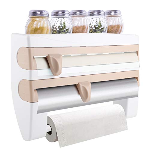 Cocoarm Wandrollenhalter mit Gewürzablage Küchenrollenhalter Wand Frischhaltefolie Lagerregal Küche Frischhaltefolie Tissue Storage Rack Papierhalter Folienschneider(Khaki) von Cocoarm