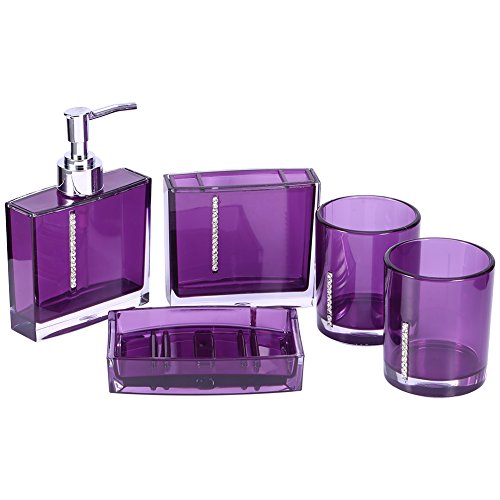 Lila Badezimmer-Accessoires, 5-teiliges Lila Acryl-Badezimmer-Set mit Seifenschale, Spender, Zahnbürstenhalter, Becher für Zuhause, Hotel von Cocoarm