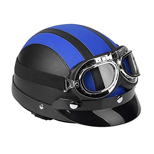 Universal-Motorrad-Roller aus Kunstleder mit offenem Gesicht, Motorrad Roller Open Face halbes Leder-Helm mit Visier UVschutzbrille(Blau) von Cocoarm