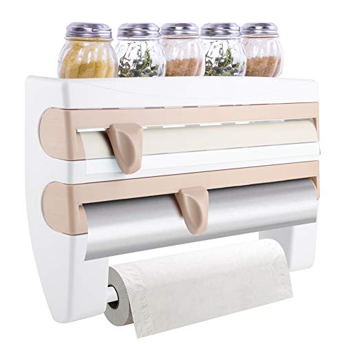 Wandrollenhalter Papierrollenhalter Küchenrollenhalter mit Folienschneider und Abstellfläche für Gewürze (Khaki) von Cocoarm