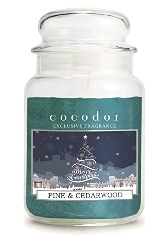 Cocodor-Duftkerze, große Zuckerdose, Farbe Petrolgrün, Duft Pine&Cedarwood_elegante Zuckerdose mit blauem Etikett mit weißen Dekorationen und silbernen Sternen. von Cocod'or