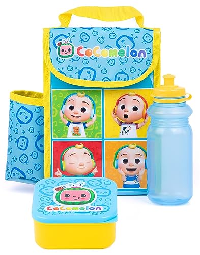 CoComelon Lunchbox-Set für Kinder | Isolierte Tasche, Trinkflasche & Snacktopf | Jungen und Mädchen erleben Abenteuer mit JJ in Blau und Gelb | Isolierte Tasche hält Essen frisch | Robustes Material von CoComelon