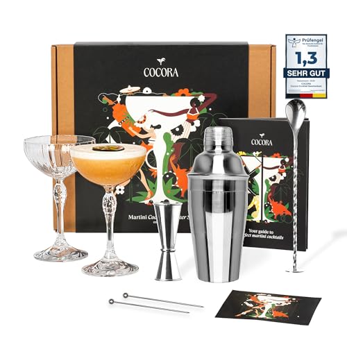 Cocora Martini-Set | 8-teiliges Cocktail-Set aus Edelstahl | Cocktail Shaker | Martini Cocktail Gläser Coupe | Cocktail Buch | Luxuriöse Geschenkverpackung (Silver) von Cocora