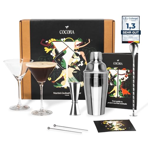 Cocora Martini-Set | 8-teiliges Cocktail-Set aus Edelstahl | Cocktail Shaker | Martini Cocktail Gläser | Cocktail Buch | Luxuriöse Geschenkverpackung | Silver (Silver) von Cocora