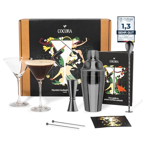 Cocora Martini-Set | 8-teiliges Cocktail-Set aus Edelstahl | Cocktail Shaker | Martini Cocktail Gläser | Cocktail Buch | Luxuriöse Geschenkverpackung (Black) von Cocora