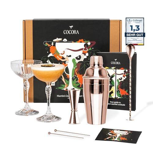 Cocora Martini-Set | 8-teiliges Cocktail-Set aus Edelstahl | Cocktail Shaker | Martini Cocktail Gläser Coupe | Cocktail Buch | Luxuriöse Geschenkverpackung (Rose) von Cocora