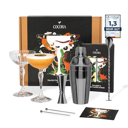 Cocora Martini-Set | 8-teiliges Cocktail-Set aus Edelstahl | Cocktail Shaker | Martini Cocktail Gläser Coupe | Cocktail Buch | Luxuriöse Geschenkverpackung (Black) von Cocora