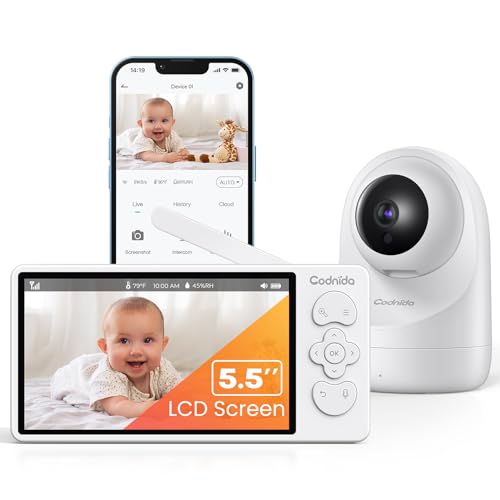 5,5 Zoll Babyphone mit Kamera Codnida 3MP HD Video Babyfon Camera,Baby Camera mit Bewegungsmelder und App,2-Wege-Audio,VOX-Modus,PTZ,Nachtsicht,Temperatur und Luftfeuchtigkeitsalarm,IR-Nachtsicht,Weiß von Codnida